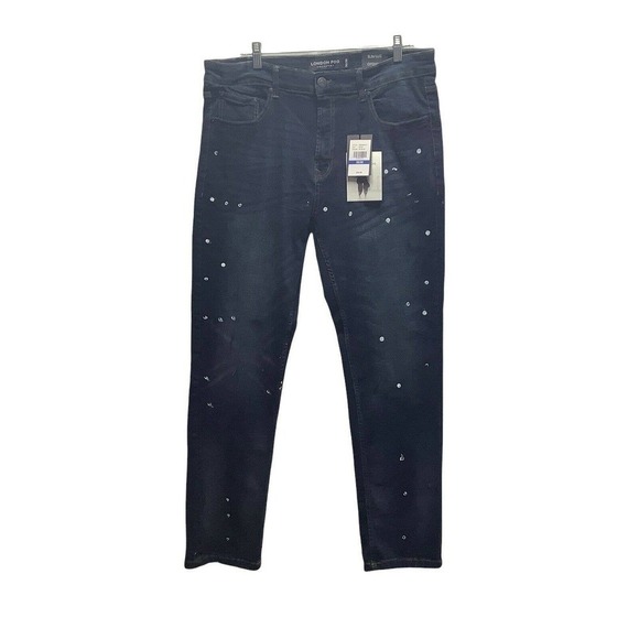 NWT mens london fog collection slim‎ 36x30 dark blue jeans paint splattered dots - Picture 2 of 9